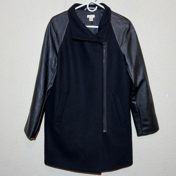 J Crew Wool Coat Leather Sleeves - Picture 2 of 6